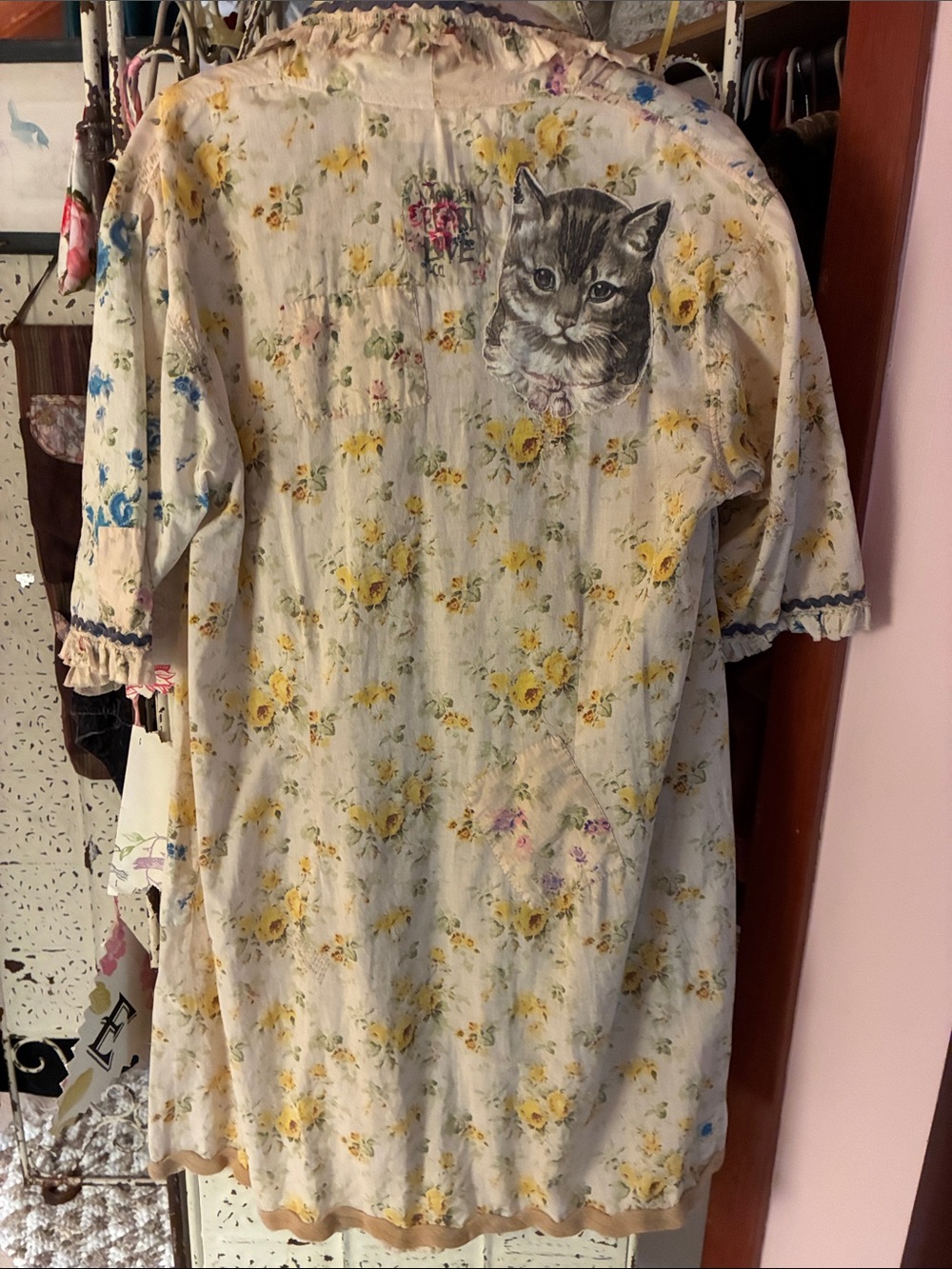 Magnolia Pearl Cream Floral Cat Portrait Pet Robe with Yellow Blooms